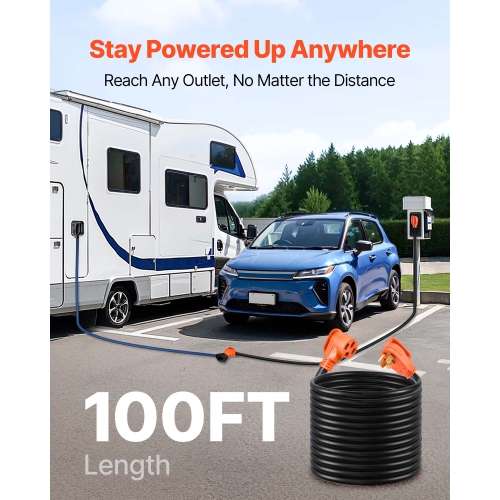 VEVOR 100 FT RV Extension Cord,50 Amp,125V 7500W Heavy Duty STW 6/3 + 8/1 Gauge Wire,NEMA 14-50P Male NEMA 14-50R Female Plug,with LED