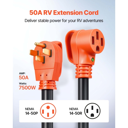 VEVOR 100 FT RV Extension Cord,50 Amp,125V 7500W Heavy Duty STW 6/3 + 8/1 Gauge Wire,NEMA 14-50P Male NEMA 14-50R Female Plug,with LED