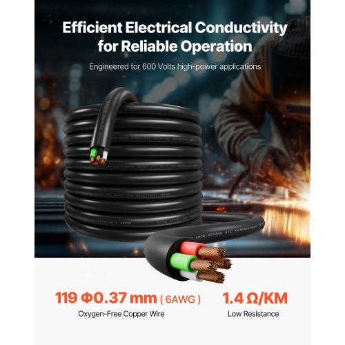 VEVOR 25 FT 6AWG Portable Power Cable, Heavy Duty 600V SOOW Electrical Power Cable, Industrial Grade Electric Wire, Premium CPE Rubber Jacket, Copper