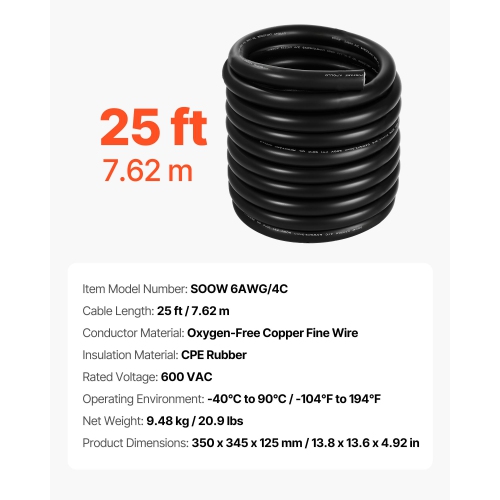 VEVOR 25 FT 6AWG Portable Power Cable, Heavy Duty 600V SOOW Electrical Power Cable, Industrial Grade Electric Wire, Premium CPE Rubber Jacket, Copper