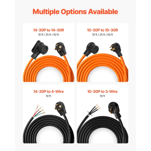 VEVOR 50 ft Dryer Extension Cord, 4-Prong NEMA 14-30P to 14-30R Dryer Cord, 125V/250V, STW 10AWG/4C, 30A, Pure Copper Wire Cable with Black Non-woven