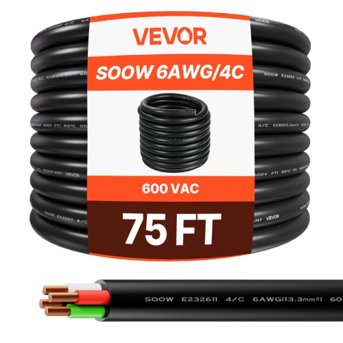 VEVOR 75 FT 6AWG Portable Power Cable, Heavy Duty 600V SOOW Electrical Power Cable, Industrial Grade Electric Wire, Premium CPE Rubber Jacket, Copper