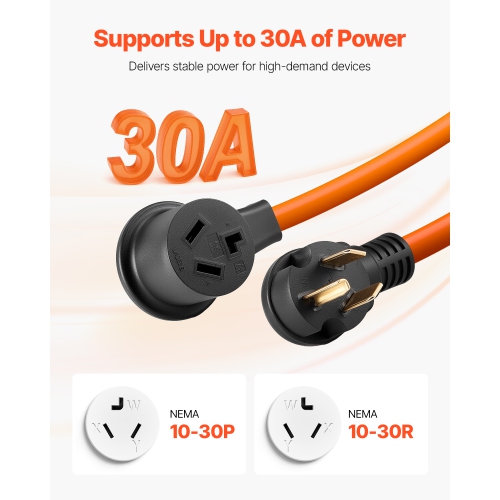 VEVOR 50 ft Dryer Extension Cord, 3-Prong NEMA 10-30P to 10-30R Dryer Cord, 125V/250V STW 10AWG/3C, 30A, Pure Copper Wire Cable with Black Non-woven