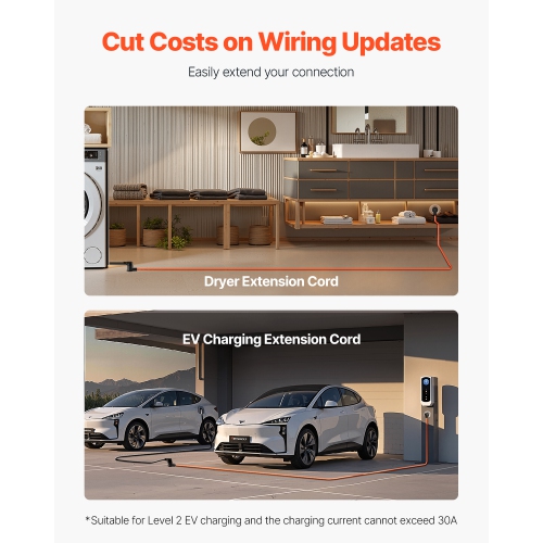 VEVOR 50 ft Dryer Extension Cord, 3-Prong NEMA 10-30P to 10-30R Dryer Cord, 125V/250V STW 10AWG/3C, 30A, Pure Copper Wire Cable with Black Non-woven