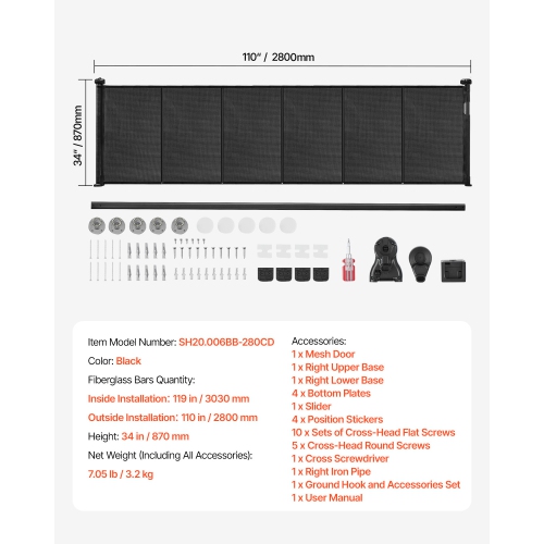 VEVOR 34 inch Tall Retractable Baby Gate, Extends up to 110 inch Wide, Retractable Gate for Kids or Pets, Mesh Material, Easy to Install for Indoor