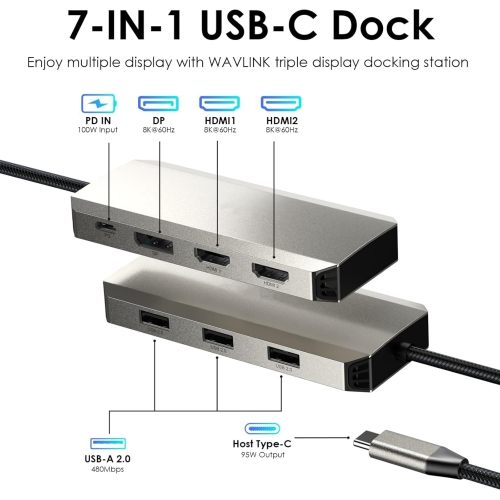 Triple Display Docking Station with 100W Power Delivery, Triple 4K@60Hz Ultra HD Display, Dual HDMI, DP, 3 USB Ports for Dell/HP/Lenovo, Windows