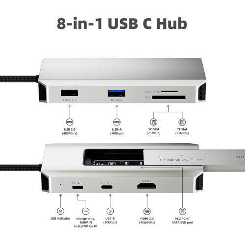 10Gbps USB-C Hub with M.2 PCIe/SATA SSD Port, HDMI, 100-W-PD, USB-A & C 3.2/2.0, SD & TF Compatible with MacBook/Chromebook/Dell/HP/Lenovo