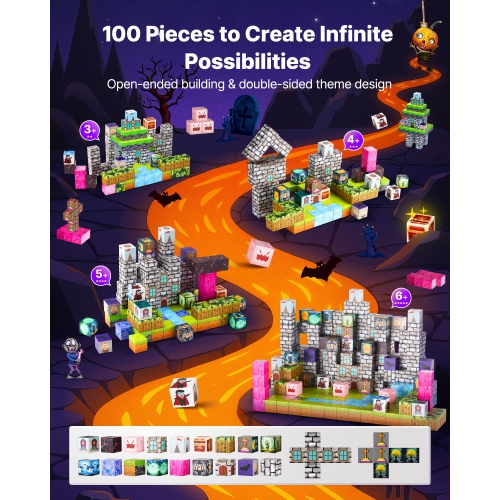 VEVOR 100 PCS Magnetic Blocks, Cemetery Zombies Set, Magnetic Building Cubes for Kids, STEM Montessori Sensory Toys for Christmas Birthday Gift, for