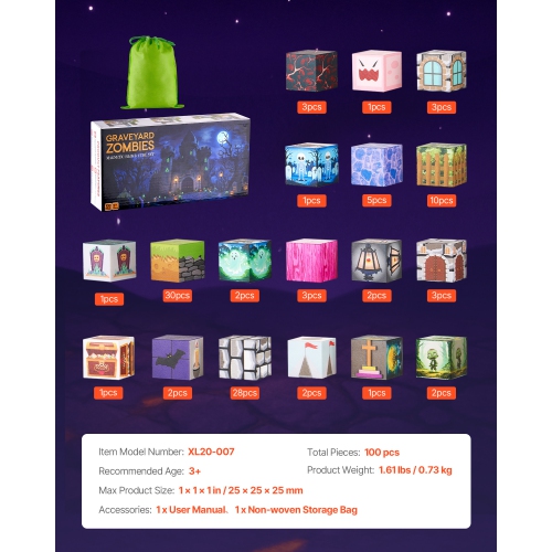 VEVOR 100 PCS Magnetic Blocks, Cemetery Zombies Set, Magnetic Building Cubes for Kids, STEM Montessori Sensory Toys for Christmas Birthday Gift, for