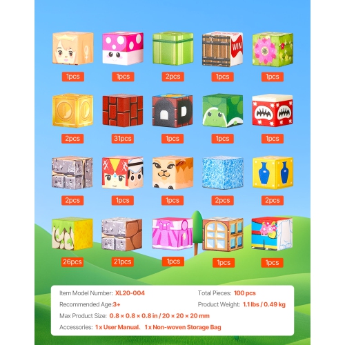 VEVOR 100 PCS Magnetic Blocks, Magnet Blocks Set, Magnetic Building Cubes for Kids, STEM Montessori Sensory Toys for Christmas Birthday Gift, for 3+