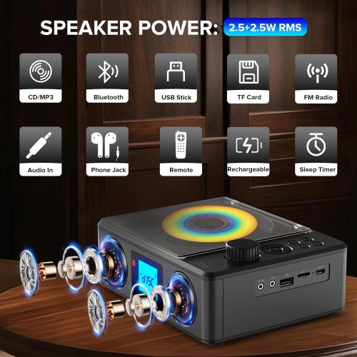 Lecteur CD avec haut-parleurs et télécommande, radio CD Bluetooth rechargeable avec minuterie de veille, lecteurs CD portatifs rétro avec prise pour