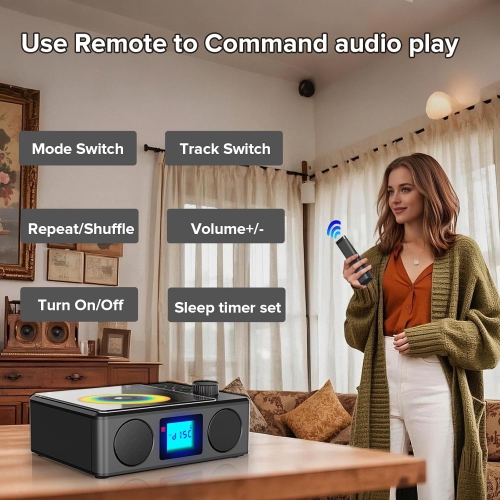 Lecteur CD avec haut-parleurs et télécommande, radio CD Bluetooth rechargeable avec minuterie de veille, lecteurs CD portatifs rétro avec prise pour