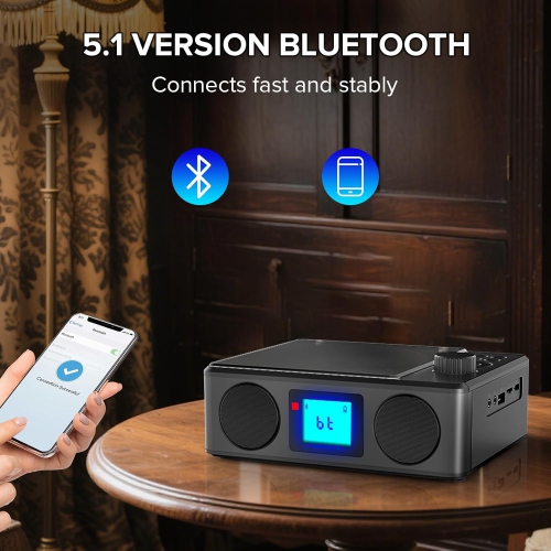 Lecteur CD avec haut-parleurs et télécommande, radio CD Bluetooth rechargeable avec minuterie de veille, lecteurs CD portatifs rétro avec prise pour