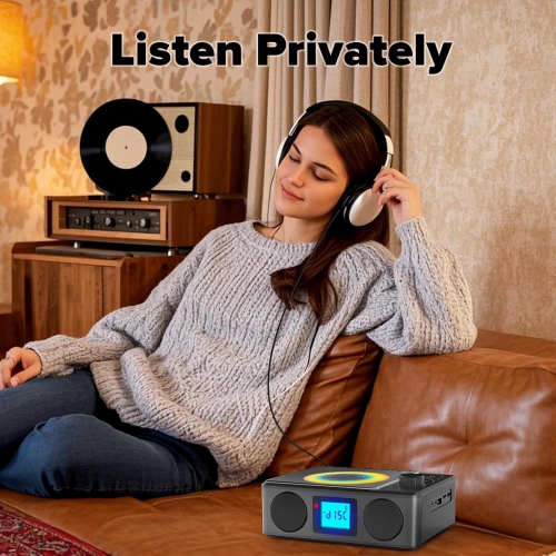 Lecteur CD avec haut-parleurs et télécommande, radio CD Bluetooth rechargeable avec minuterie de veille, lecteurs CD portatifs rétro avec prise pour