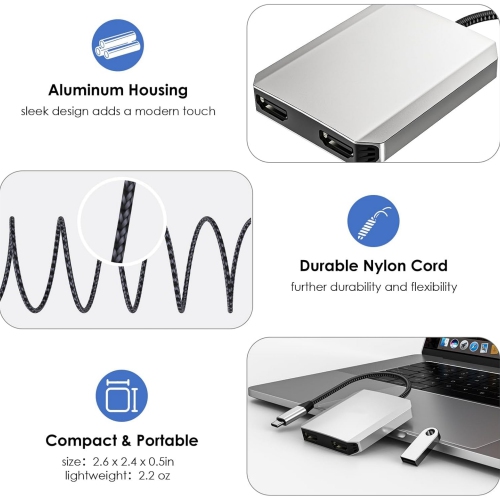 Dual 4K@60hz HDMI Adapter with 100W Power Delivery for Dell XPS, HP, Lenovo, Thunderbolt 3/4 Laptops, Windows systerm Laptops