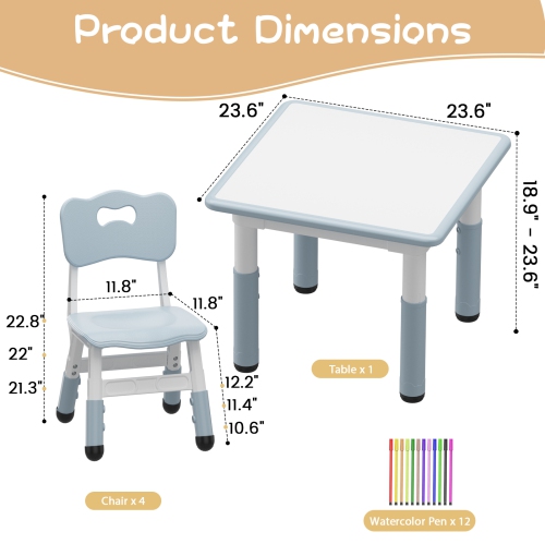 Height Adjustable Kids Table and 4 Chairs Set for Reading, Drawing, Playing, Eating