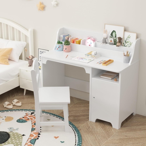 Ensemble table et chaise en bois pour enfants avec étagère, armoire de rangement pour chambre d'enfant et salle d'étude, blanc