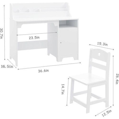 Ensemble table et chaise en bois pour enfants avec étagère, armoire de rangement pour chambre d'enfant et salle d'étude, blanc