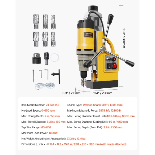 VEVOR 1450W Magnetic Drill, Motor 2 in Boring Diameter, 2878 lbf Electric Mag Drill Press, with 6 Coring Bits, Variable Speed, Drilling Machine for