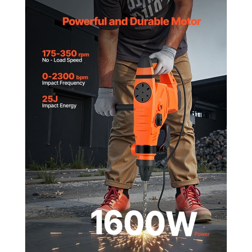 VEVOR 1600W Corded Hammer Drill, 175-350RPM Electric Demolition Drills, 2-Inch SDS-Max Rotary Hammer Driver, 3 Functions Chipping Power Tool Kit for