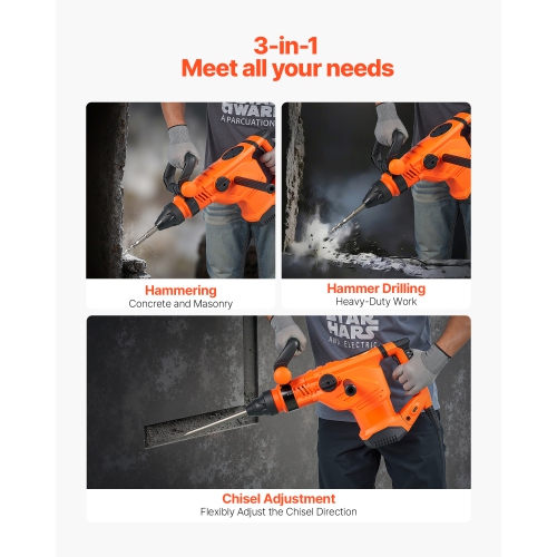 VEVOR 1600W Corded Hammer Drill, 175-350RPM Electric Demolition Drills, 2-Inch SDS-Max Rotary Hammer Driver, 3 Functions Chipping Power Tool Kit for
