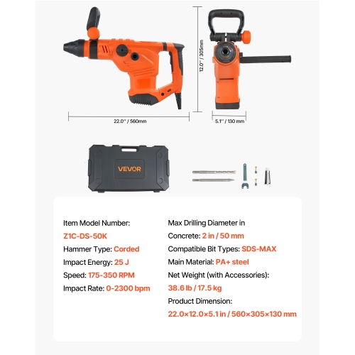 VEVOR 1600W Corded Hammer Drill, 175-350RPM Electric Demolition Drills, 2-Inch SDS-Max Rotary Hammer Driver, 3 Functions Chipping Power Tool Kit for