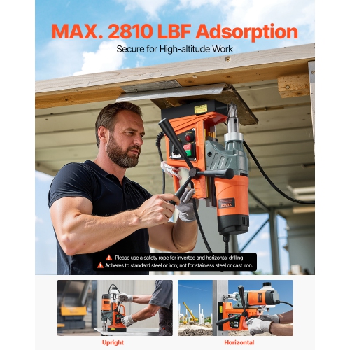 Perceuse magnétique VEVOR 1450&nbsp;W, moteur de 1,6&nbsp;po de diamètre d'alésage, perceuse électrique portative 2810&nbsp;lbf, avec 2 forets à