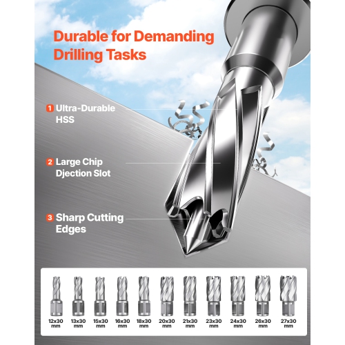 VEVOR 1400W Motor Magnetic Drill, 1.6 in Boring Diameter, 2810 lbf Portable Electric Mag Drill Press, with 11 Coring Bits, 800 RPM Speed, Drilling