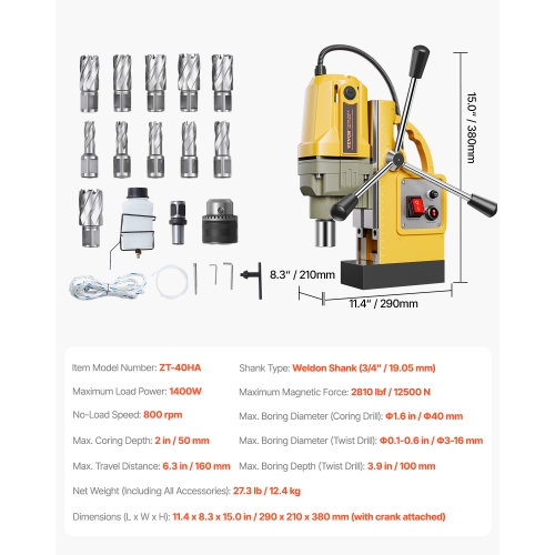 VEVOR 1400W Motor Magnetic Drill, 1.6 in Boring Diameter, 2810 lbf Portable Electric Mag Drill Press, with 11 Coring Bits, 800 RPM Speed, Drilling