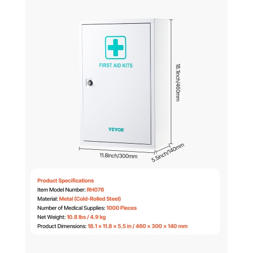 VEVOR 3-Shelf First Aid Cabinet, 1000 Pieces, Large Capacity First Aid Kit, Wall Mounted Medicine Cabinet, OSHA & ANSI 2015, Industrial Emergency