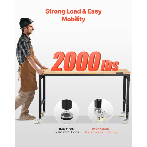 VEVOR 60-Inch Adjustable Workbench, 2000 lbs Load, Work Bench with Power Outlet, Wheels, and Pegboard, Heavy Duty Oak Wood Top Work Table for Garage,