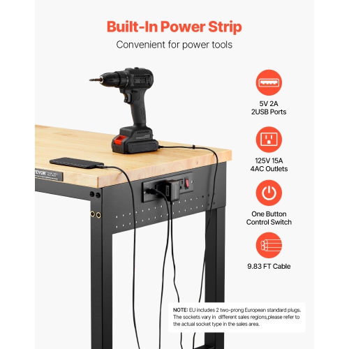 VEVOR 60-Inch Adjustable Workbench, 2000 lbs Load, Work Bench with Power Outlet, Wheels, and Pegboard, Heavy Duty Oak Wood Top Work Table for Garage,