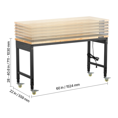 VEVOR 60-Inch Adjustable Workbench, 2000 lbs Load, Work Bench with Power Outlet, Wheels, and Pegboard, Heavy Duty Oak Wood Top Work Table for Garage,