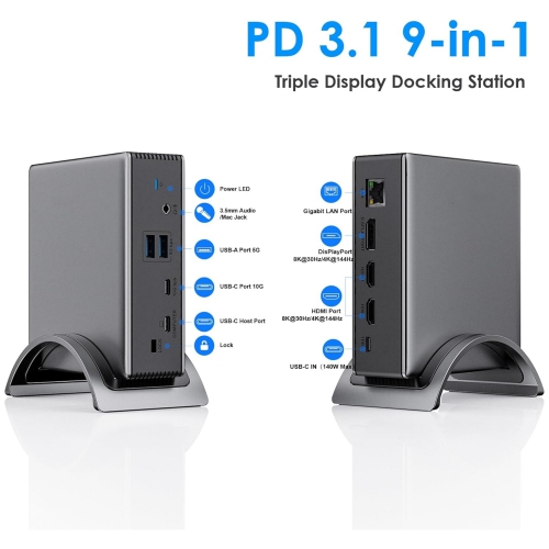Laptop Docking Station, PD3.1 Triple Display Dock with 140W Power, 8K@30Hz/4K@144Hz HDMI * 2 + Displayport, USB-C 10Gbps, 2 * USB-A 5Gbps, Gigabit