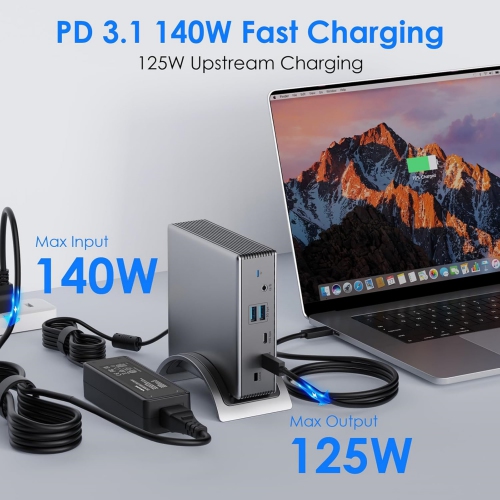Laptop Docking Station, PD3.1 Triple Display Dock with 140W Power, 8K@30Hz/4K@144Hz HDMI * 2 + Displayport, USB-C 10Gbps, 2 * USB-A 5Gbps, Gigabit