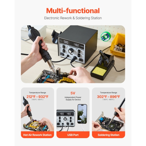 VEVOR 2-in-1 Hot Air Rework Station & Soldering Station, 820W LED Digital Rework and Soldering Iron Station with 5V USB Charging Port, ℃/℉