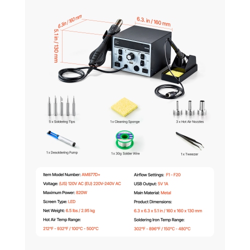 VEVOR 2-in-1 Hot Air Rework Station & Soldering Station, 820W LED Digital Rework and Soldering Iron Station with 5V USB Charging Port, ℃/℉