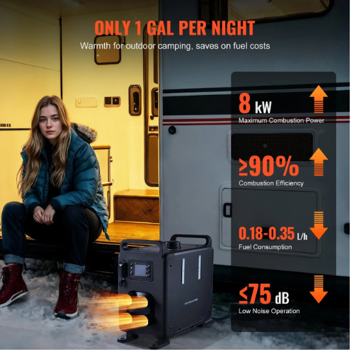 VEVOR 8kW Diesel Air Heater CY5002, 12V/24V with Bluetooth App, CO Alarm, Remote & Display Panel, Portable Heater for RVs, Trucks, Cars, Cabins,black