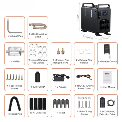VEVOR 8kW Diesel Air Heater CY5002, 12V/24V with Bluetooth App, CO Alarm, Remote & Display Panel, Portable Heater for RVs, Trucks, Cars, Cabins,black