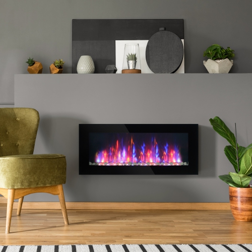 HOMCOM 41 Inch Electric Fireplace, Wall Mounted Fireplace with Patented 7 Colour Adjustable LED Flame Effect, Remote Control, 2 Modes Heat, 750/1500W
