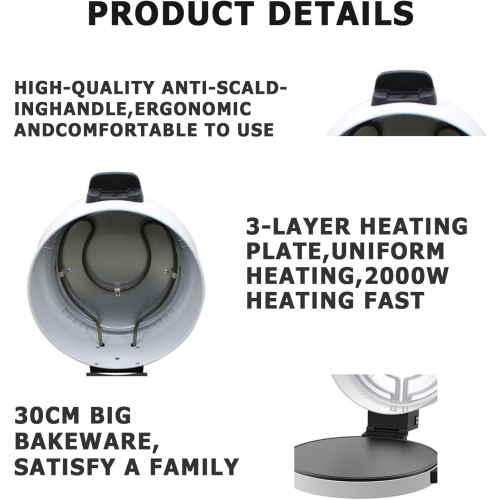 Electric pizza oven, 12-inch 2000W non-stick frying pan, suitable for pizza, steak, Arabic bread, etc.