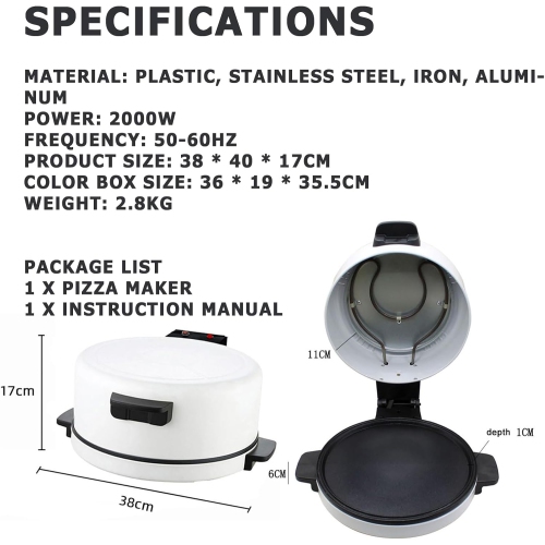 Electric pizza oven, 12-inch 2000W non-stick frying pan, suitable for pizza, steak, Arabic bread, etc.