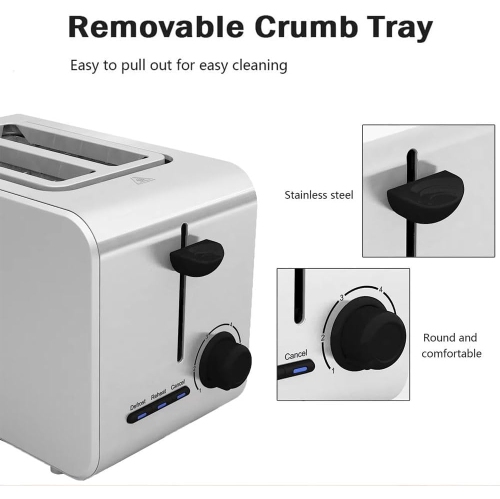 Toaster with extra-wide slot, bagel setting, toast function, removable slide-out crumb tray, defrost function, stainless steel