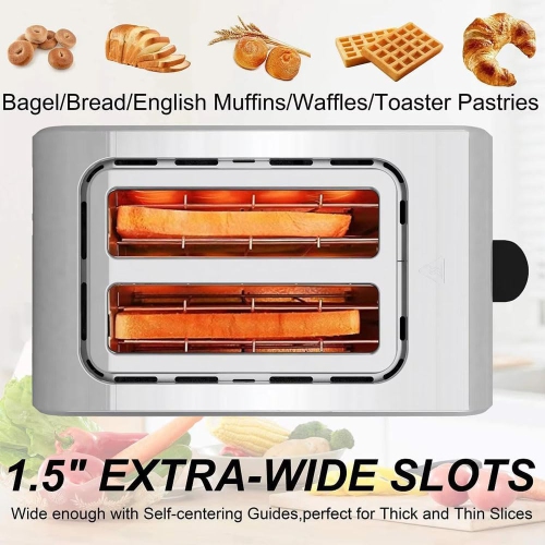 Toaster with extra-wide slot, bagel setting, toast function, removable slide-out crumb tray, defrost function, stainless steel