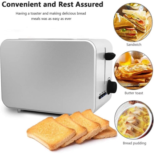 Toaster with extra-wide slot, bagel setting, toast function, removable slide-out crumb tray, defrost function, stainless steel