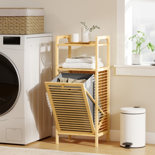 HOMCOM – Armoire à lessive en bambou, panier à linge inclinable et amovible, panier à linge de salle de bain avec tablettes ouvertes, naturel