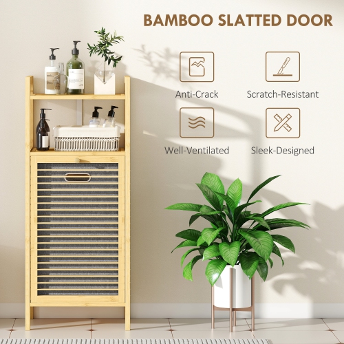 HOMCOM – Armoire à lessive en bambou, panier à linge inclinable et amovible, panier à linge de salle de bain avec tablettes ouvertes, naturel