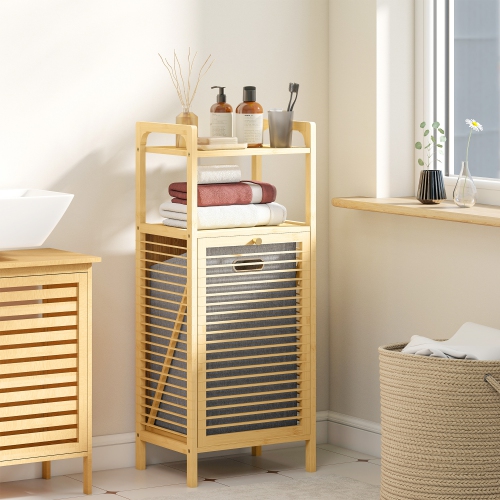 HOMCOM – Armoire à lessive en bambou, panier à linge inclinable et amovible, panier à linge de salle de bain avec tablettes ouvertes, naturel