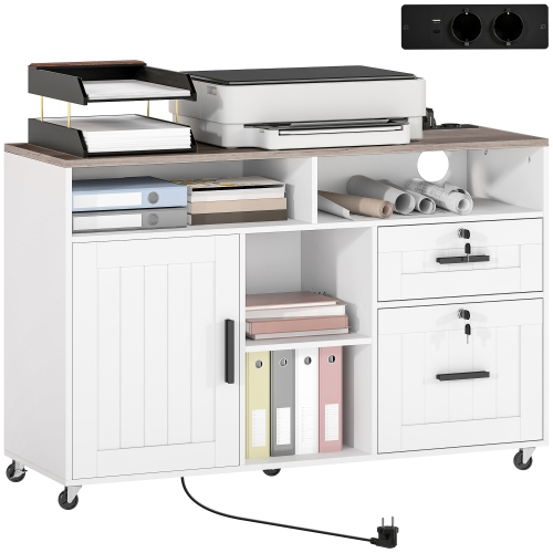 HOMCOM Mobile Filing Cabinet with Charging Station and USB Ports, Printer Stand with Lockable Drawers and Storage Shelves for Home Office, White