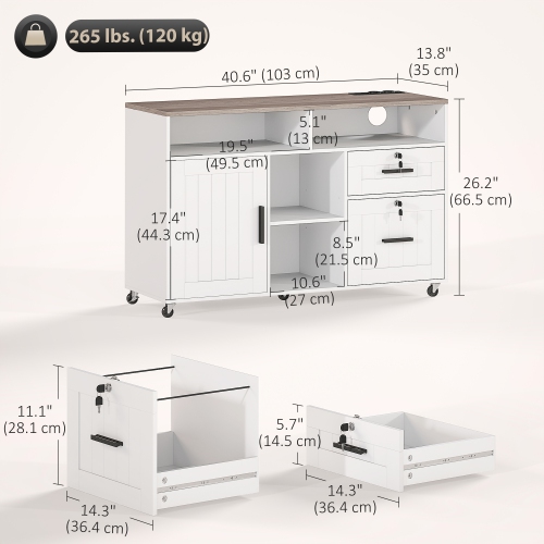 HOMCOM Mobile Filing Cabinet with Charging Station and USB Ports, Printer Stand with Lockable Drawers and Storage Shelves for Home Office, White